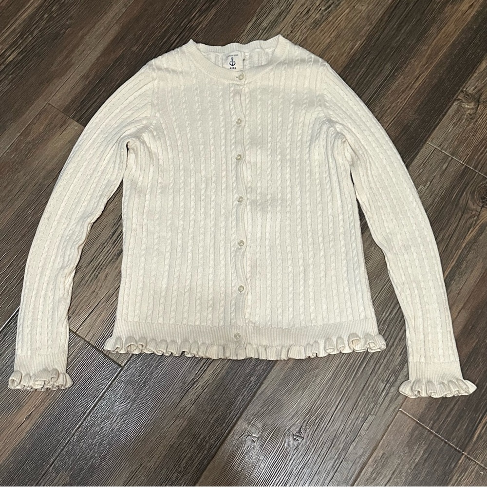 Lands End cream cable knit cotton cardigan sweater girls 10-12 M button up
